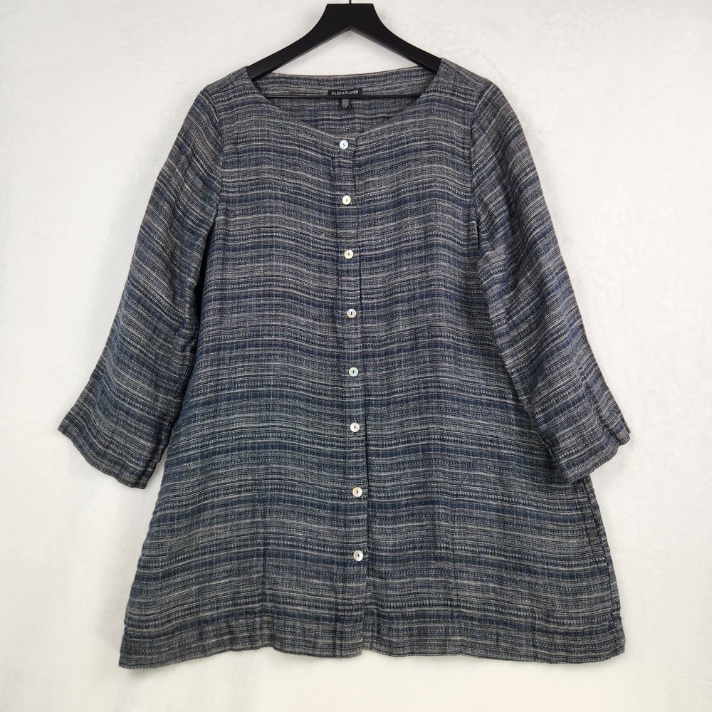 Eileen Fisher 100% Organic Linen Button Tunic Top Large Lagen Boho Pockets Boxy